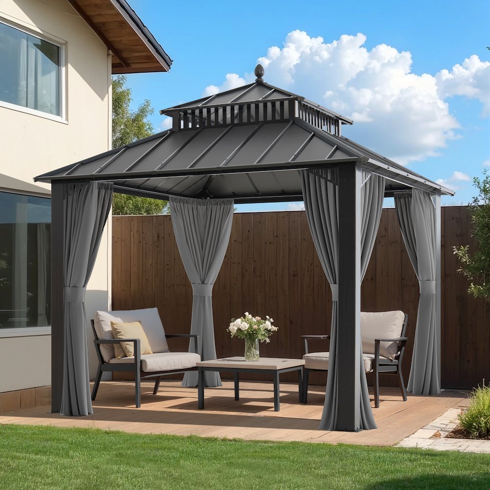 10 ft x 10 ft Hardtop Gazebo with Steel Roof, Grey Aluminum Frame. Picture 2