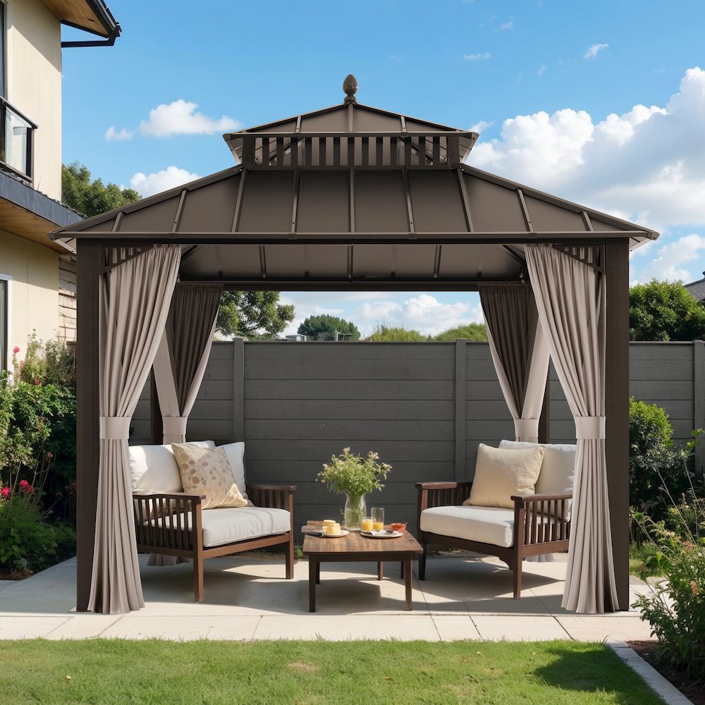 10 ft x 10 ft Hardtop Gazebo with Steel Roof, Brown Aluminum Frame. Picture 2