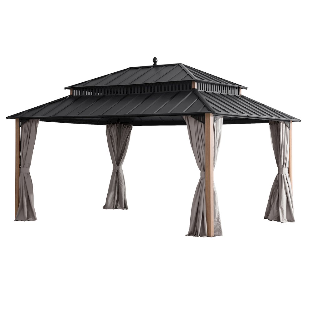 16 ft x 12 ft Woodgrain Aluminum Frame Galvanized Steel Roof Gazebo. Picture 1