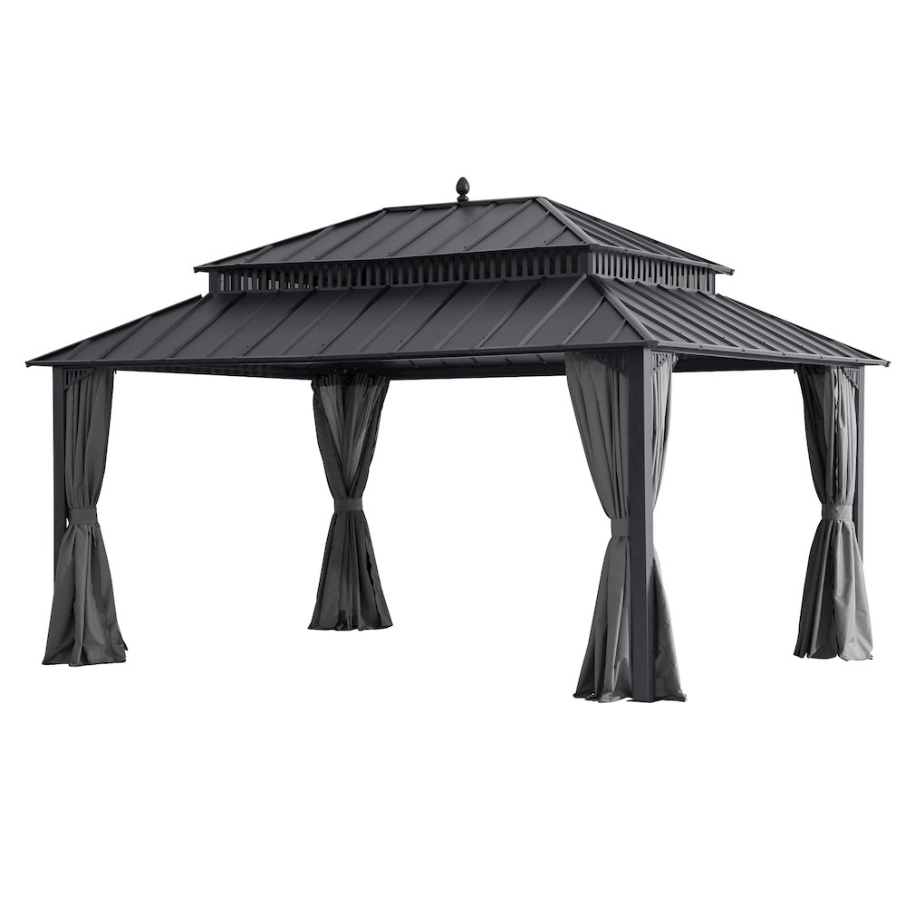 16 ft x 12 ft Aluminum Frame Steel Double Roof Hardtop Rectangular Gazebo, Grey. Picture 1