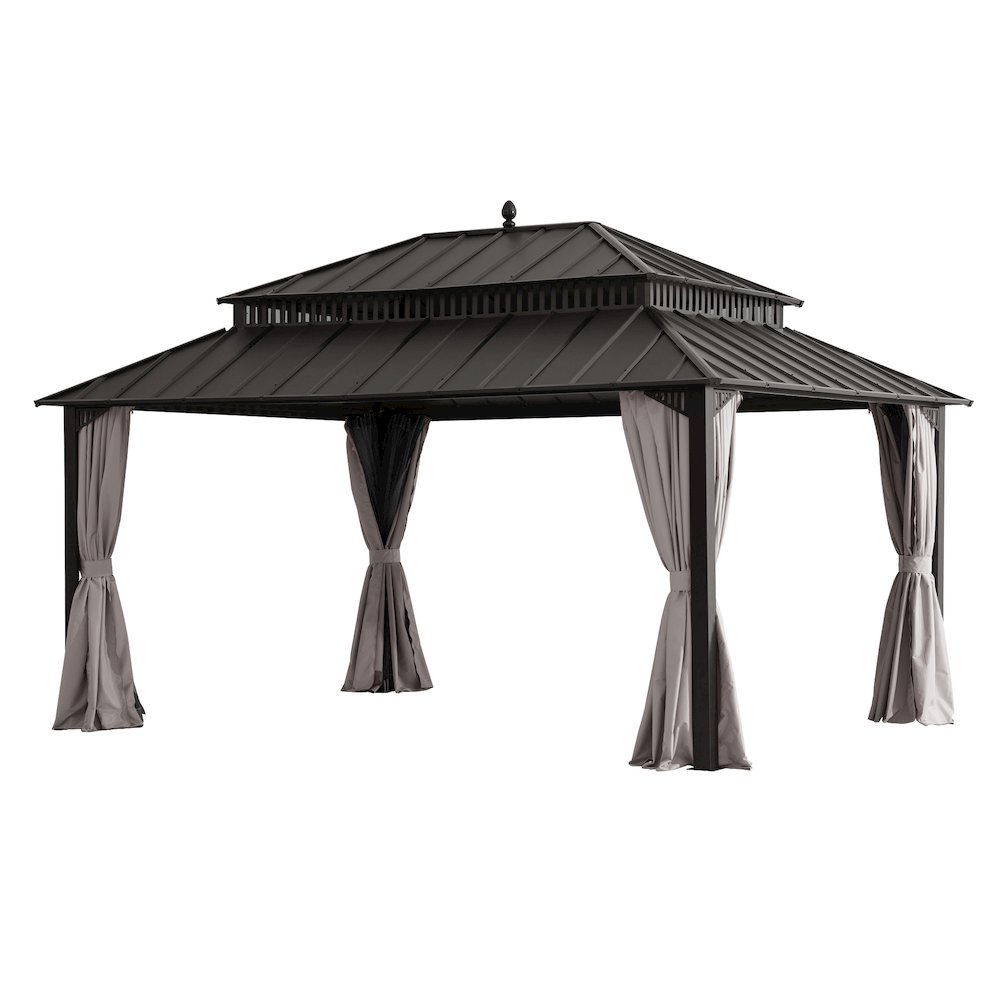 16 ft x 12 ft Aluminum Frame Steel Double Roof Hardtop Rectangular Gazebo, Brown. Picture 1