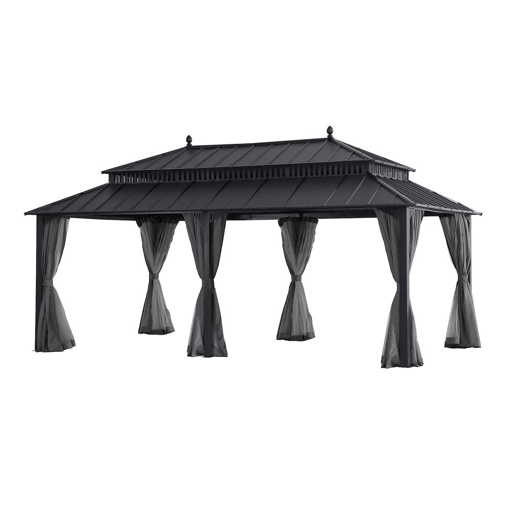 20 ft x 12 ft Aluminum Frame Steel Double Roof Hardtop Rectangular Gazebo, Grey. Picture 1