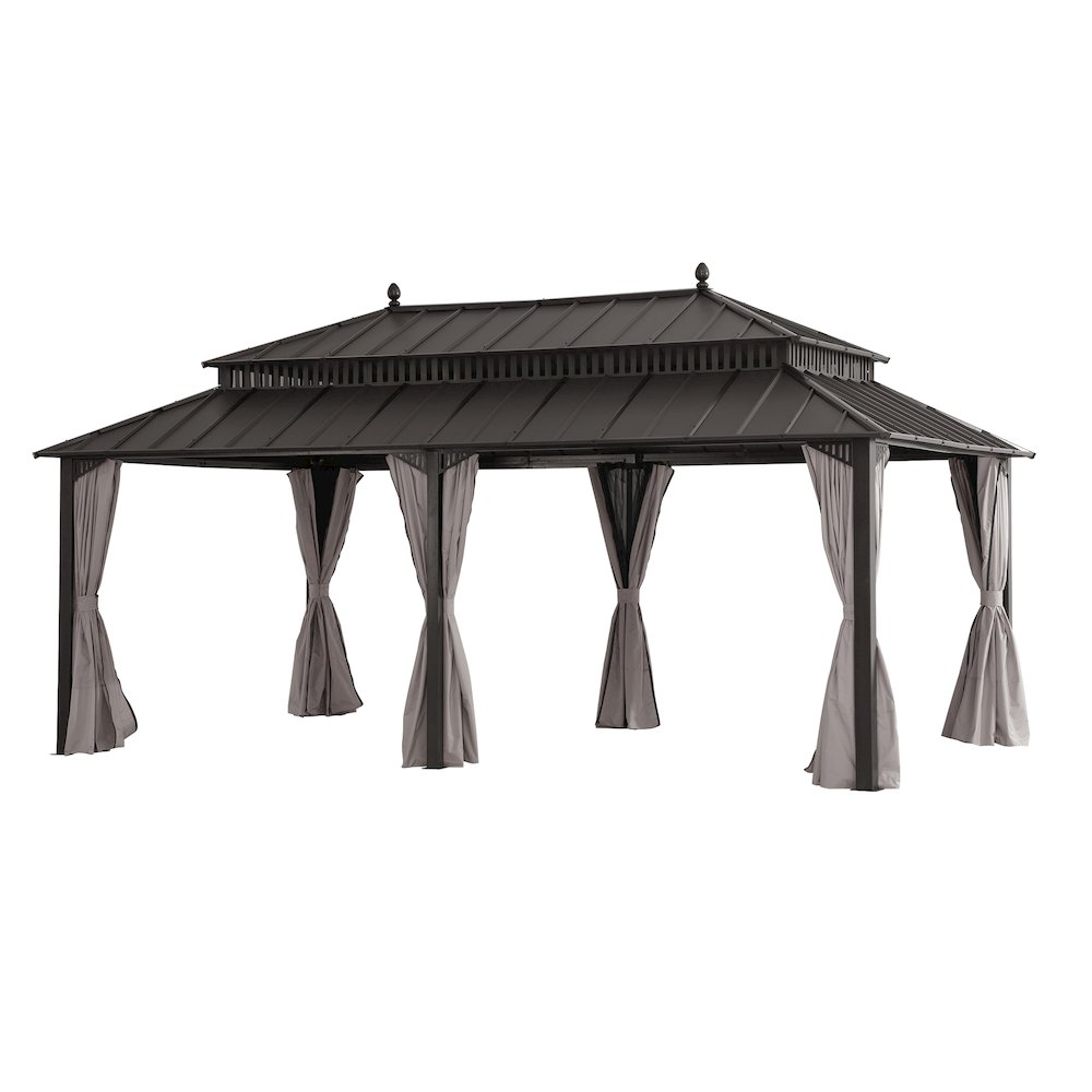 20 ft x 12 ft Aluminum Frame Steel Double Roof Hardtop Rectangular Gazebo, Brown. Picture 1