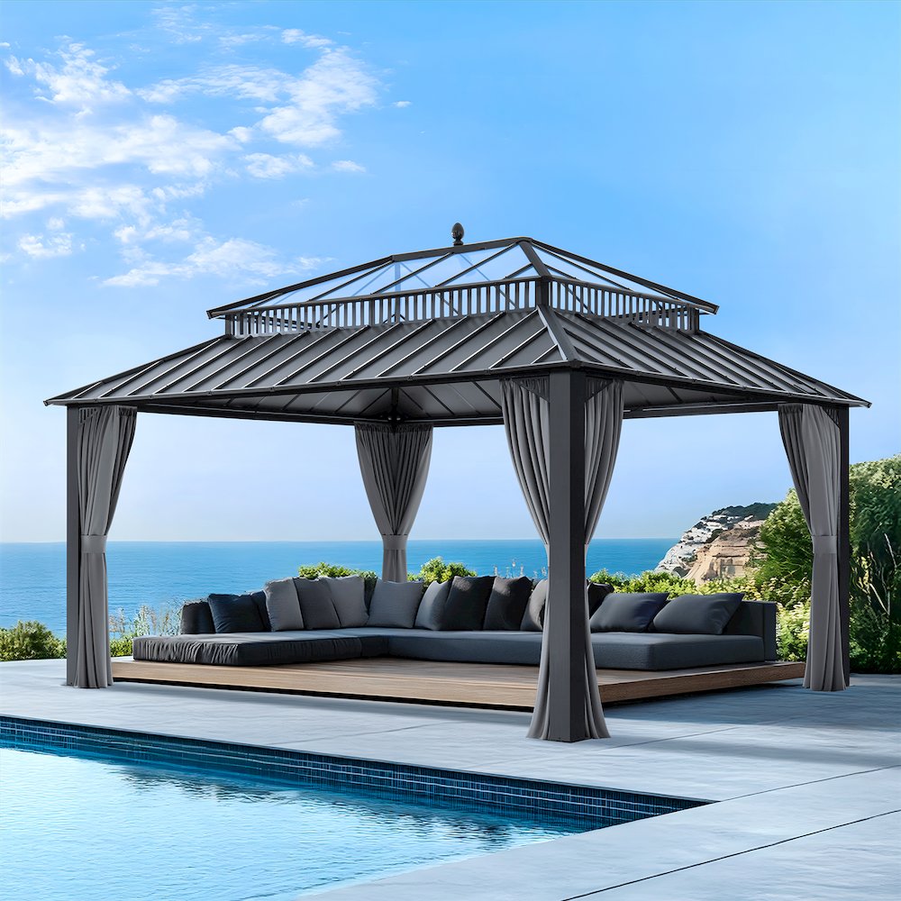 16 ft x 12 ft Hardtop Gazebo, Steel & PC Roof, Gray Woodgrain Aluminum. Picture 2