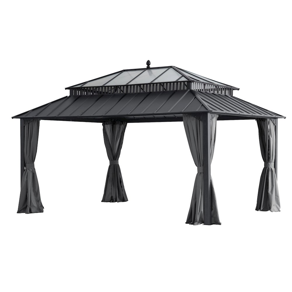 16 ft x 12 ft Hardtop Gazebo, Steel & PC Roof, Gray Woodgrain Aluminum. Picture 1