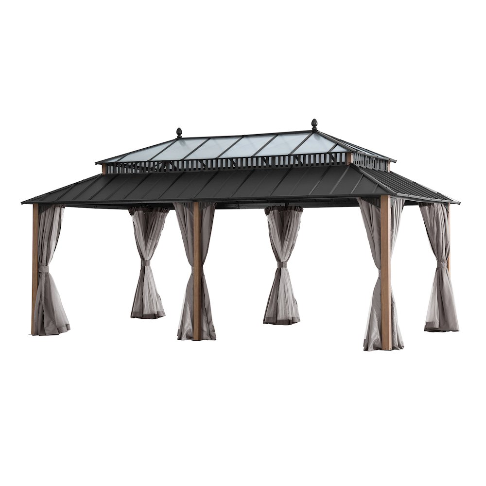 20 ft x 12 ft Aluminum Hardtop Gazebo with Polycarbonate Roof Hardtop, Woodgrain. Picture 1