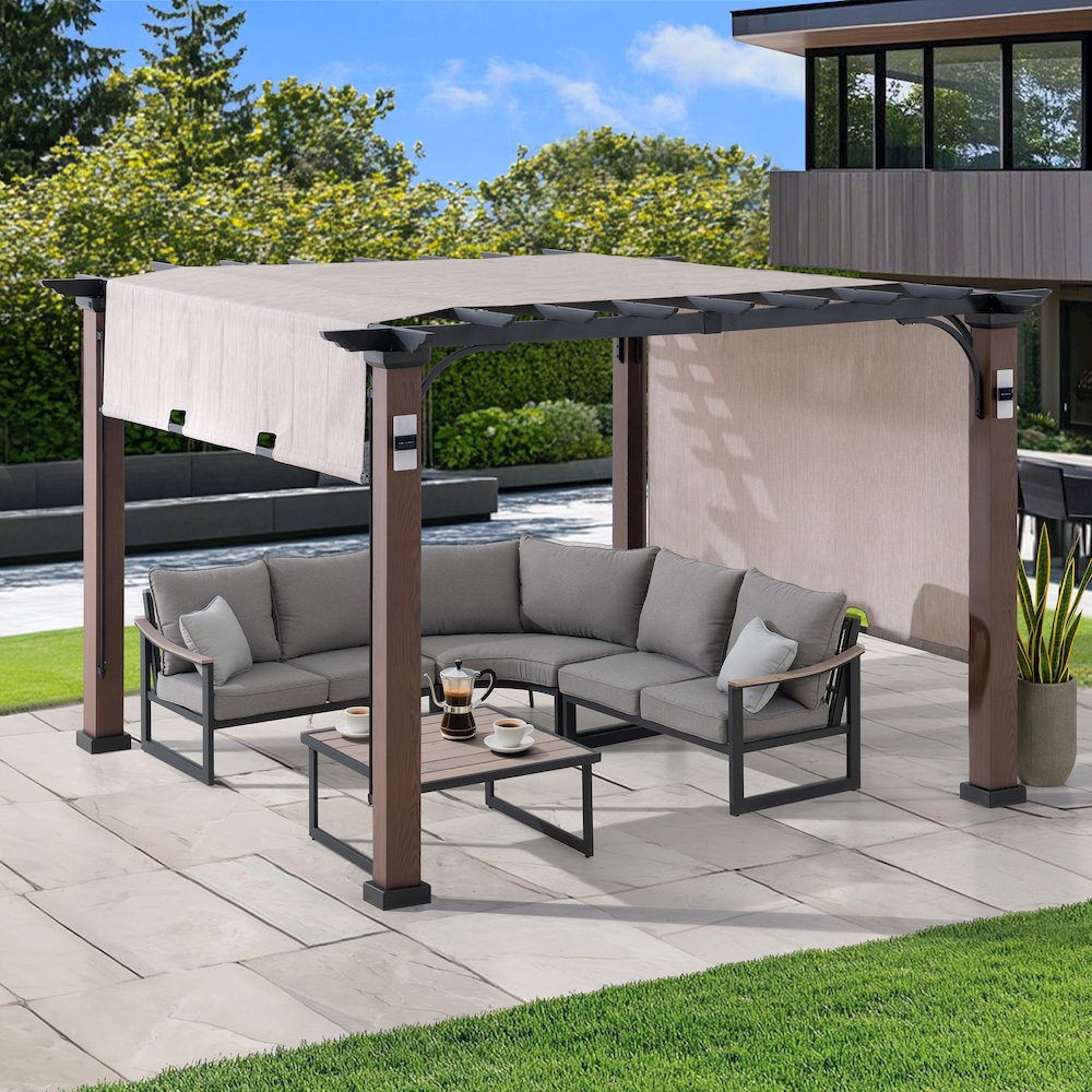 11 ft. x 11 ft. Cordry Woodgrain Steel Pergola with Solar Powered Lights. Picture 11