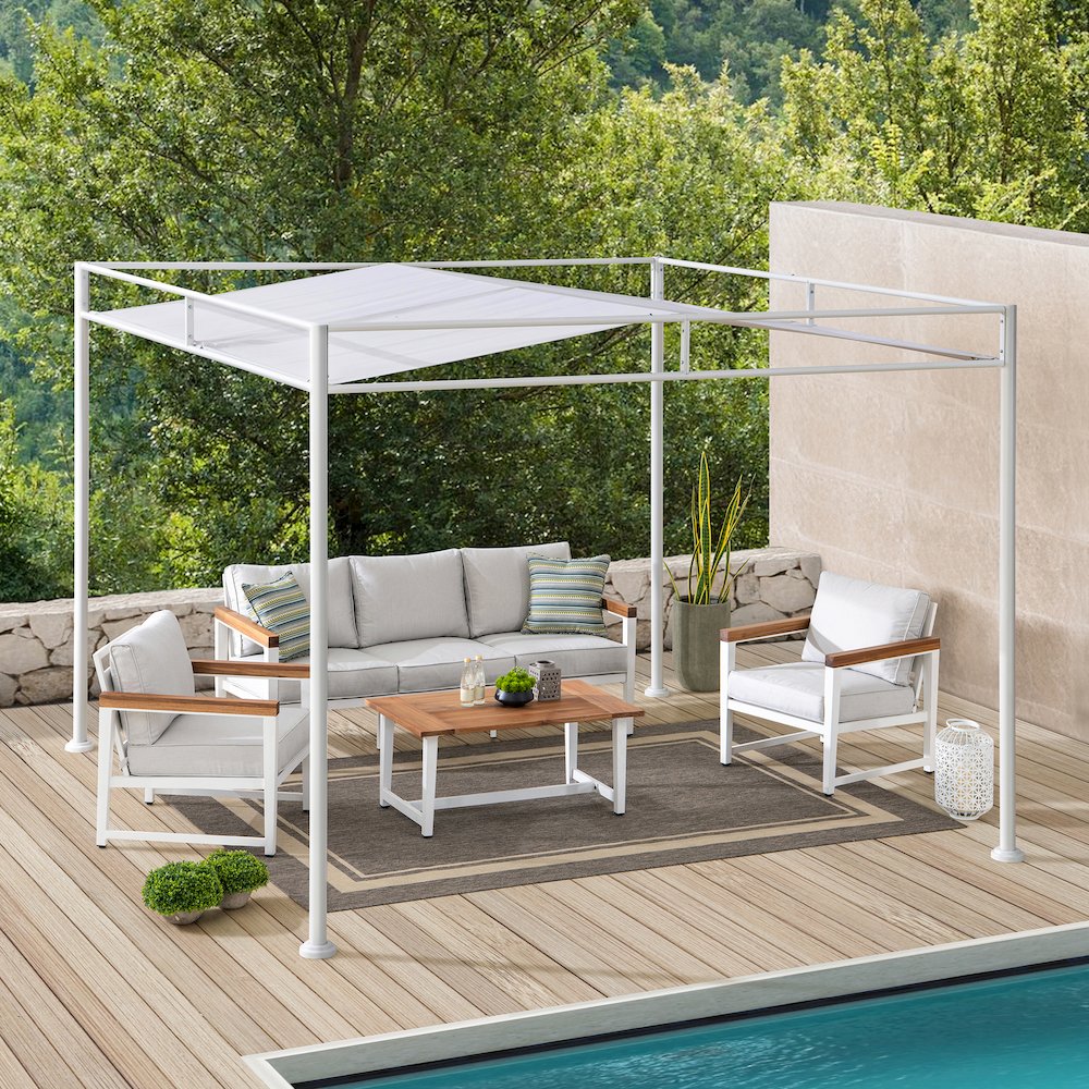 10 ft. x 10 ft. Patio Darkeford Metal Pergola With White Sling Fabric Canopy. Picture 6