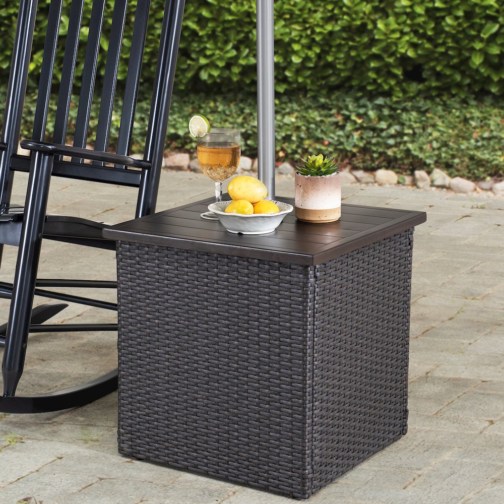 Brown Wicker Side Table with Umbrella Stand for Outdoor Seating. Picture 2
