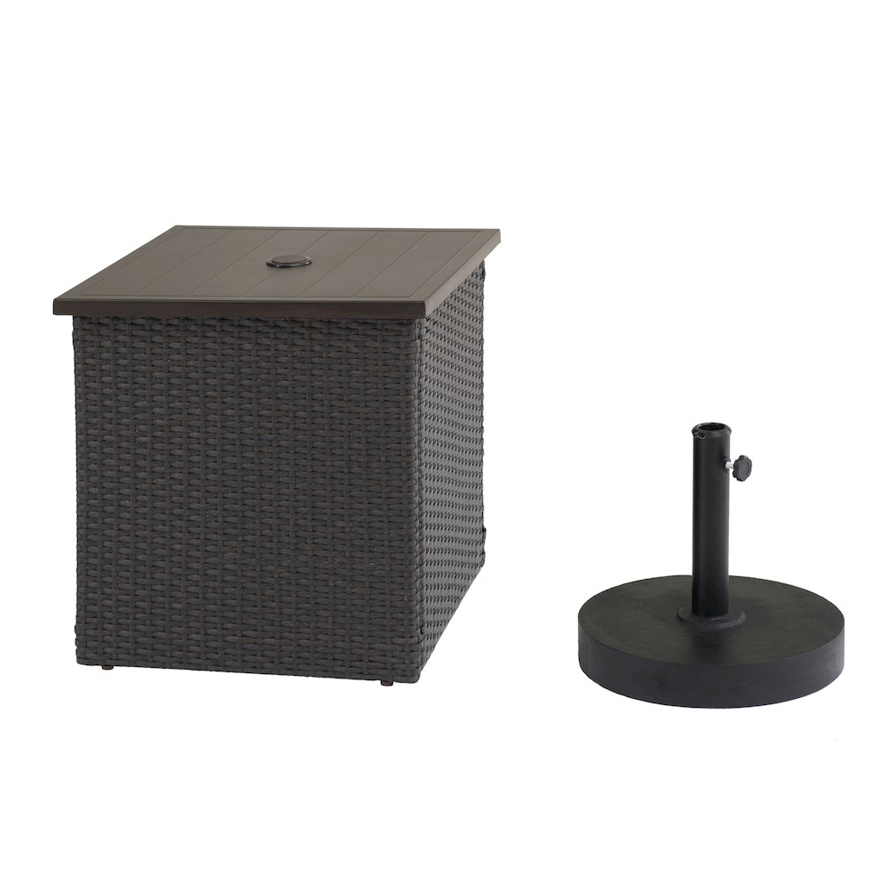 Brown Wicker Side Table with Umbrella Stand for Outdoor Seating. Picture 1