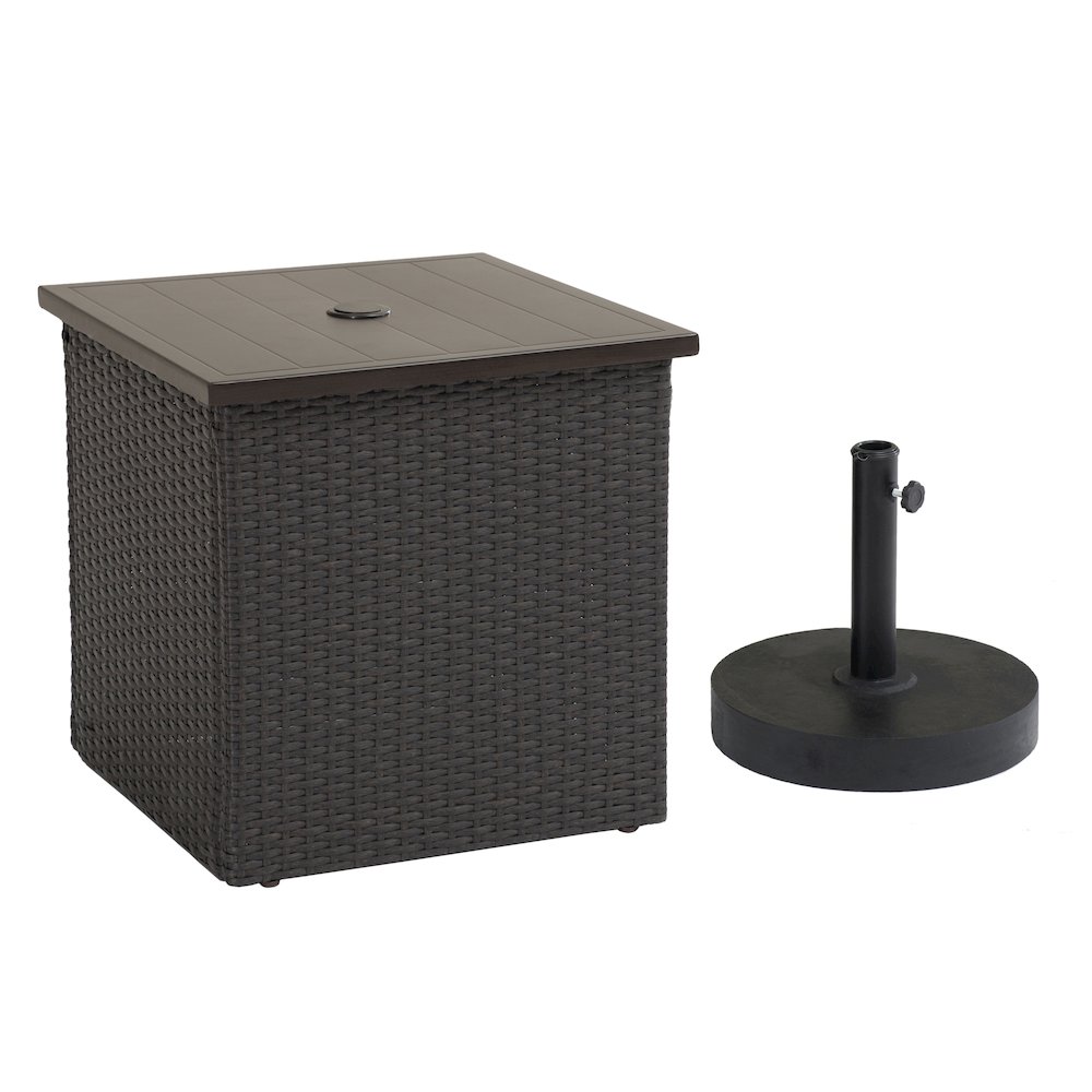 Brown Wicker Side Table with Umbrella Stand for Outdoor Seating. Picture 3