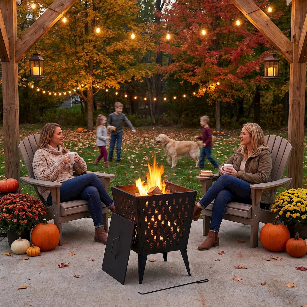 Powder-Coated Steel Wood-Burning Fire Pit with Mesh Lid and Poker, Black. Picture 3