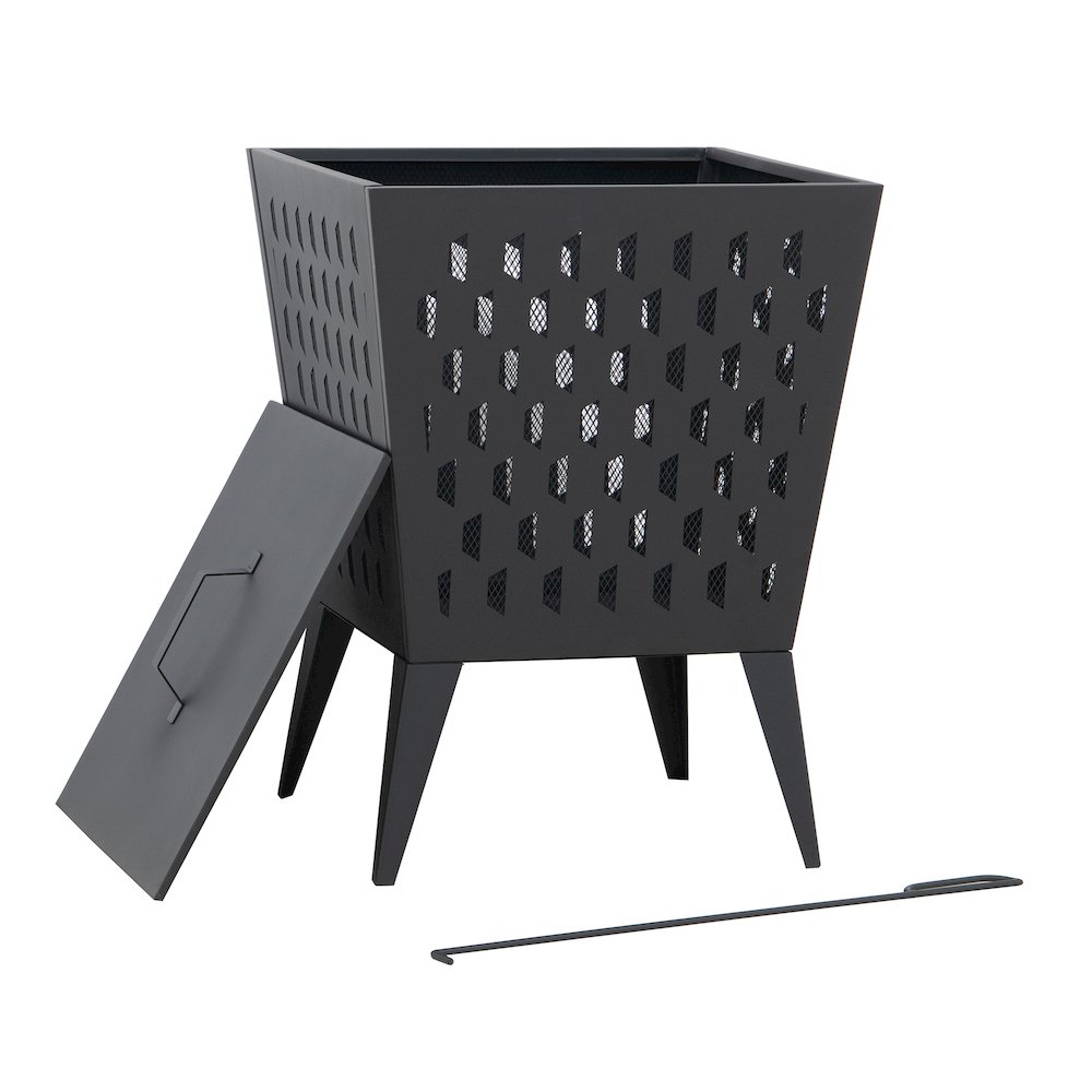 Powder-Coated Steel Wood-Burning Fire Pit with Mesh Lid and Poker, Black. Picture 1
