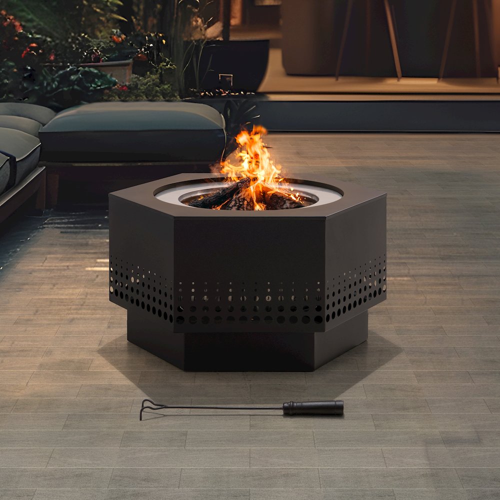 Lawrence 28. Black Steel Wood Burning Outdoor Smokeless Fire Pit with PVC Cover. Picture 8