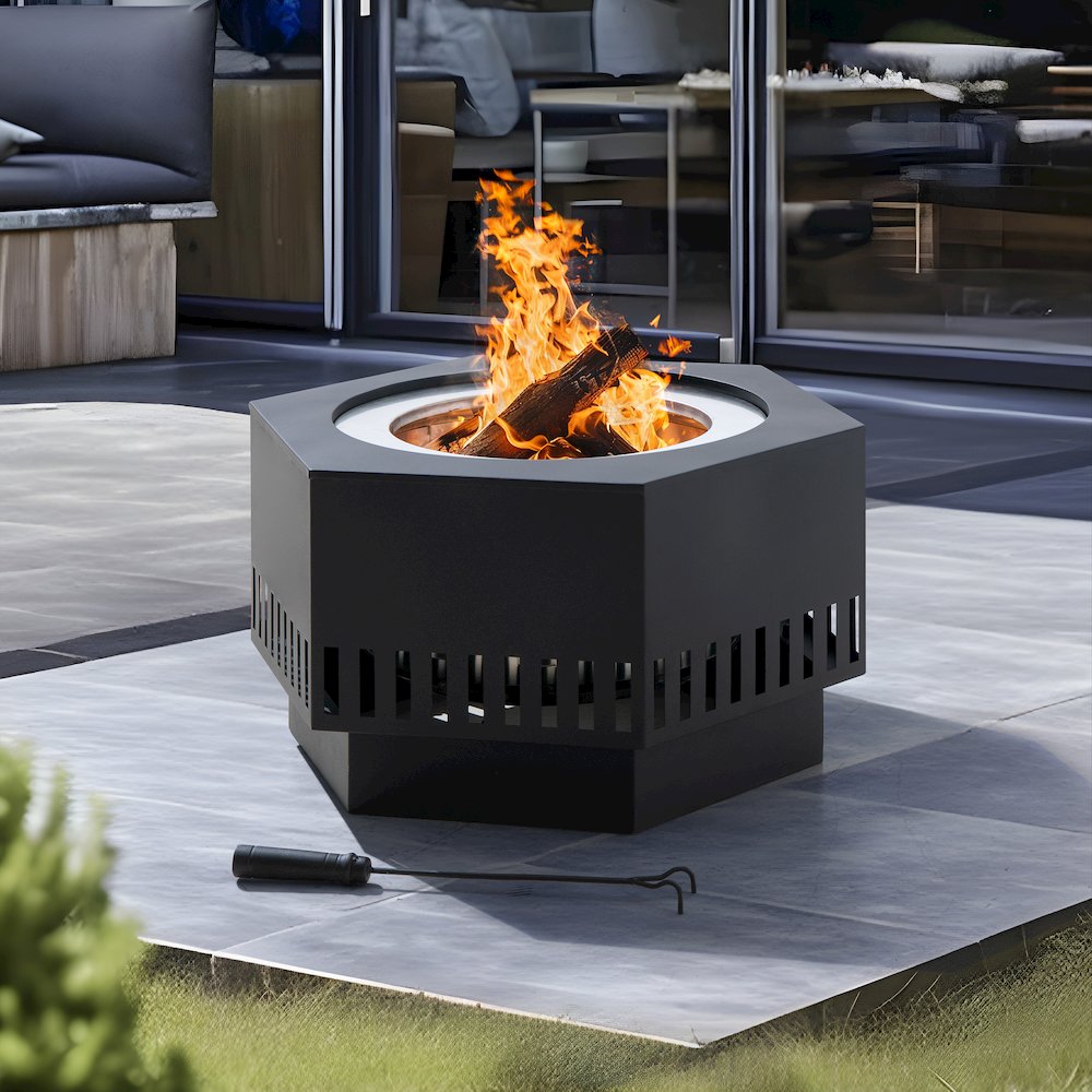 Lawrence 28. Black Steel Wood Burning Outdoor Smokeless Fire Pit with PVC Cover. Picture 8