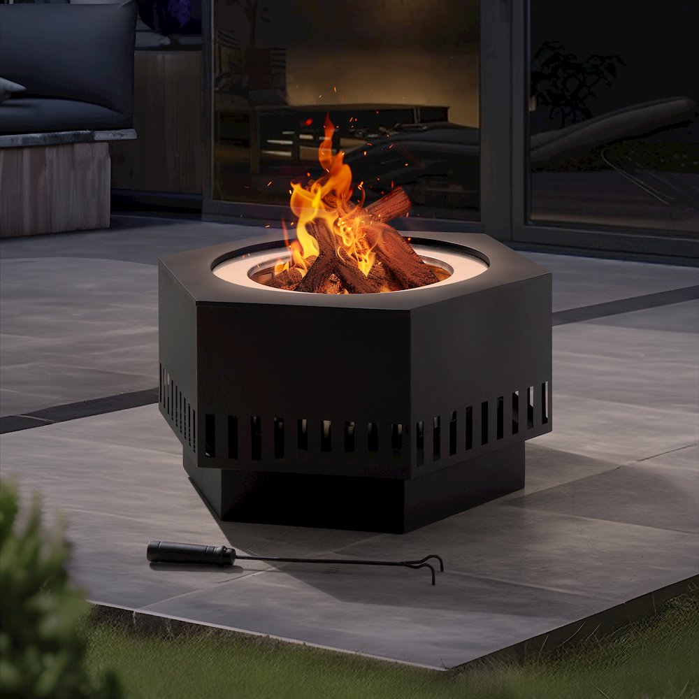 Lawrence 28. Black Steel Wood Burning Outdoor Smokeless Fire Pit with PVC Cover. Picture 3