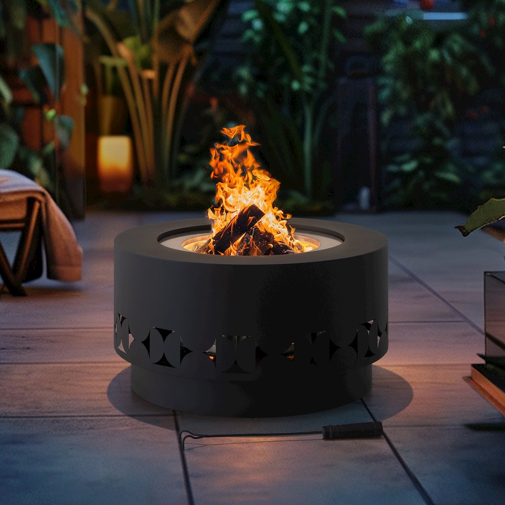 Lawrence 28. Black Steel Wood Burning Outdoor Smokeless Fire Pit with PVC Cover. Picture 2