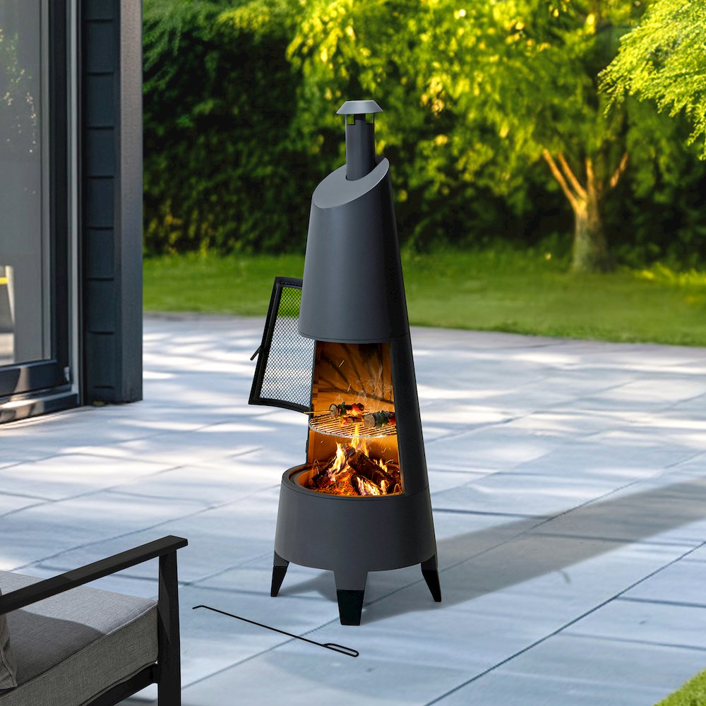 57 in. 2-in-1 Metal Outdoor Chiminea Fire Pit & Fireplace, Removable Grill Grate. Picture 11