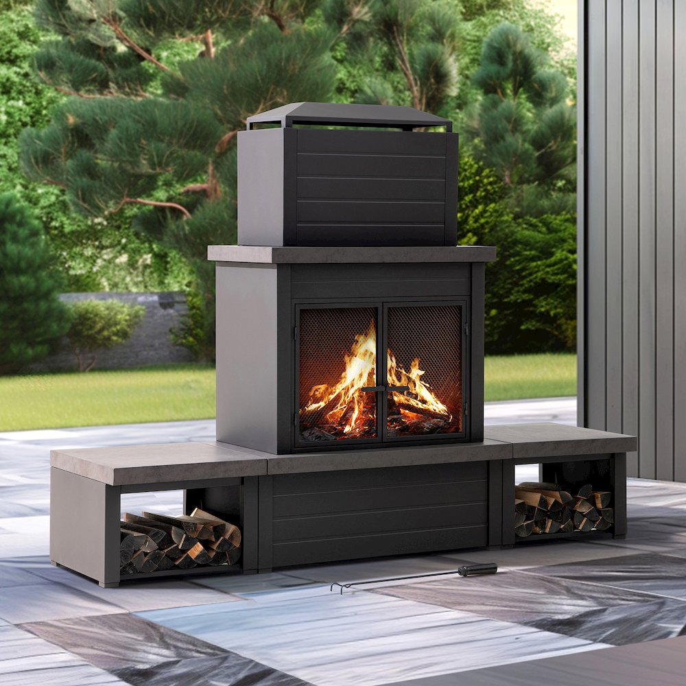 Wood Burning Fireplace-Matte Black Outdoor Steel Fireplace with Chimney. Picture 8