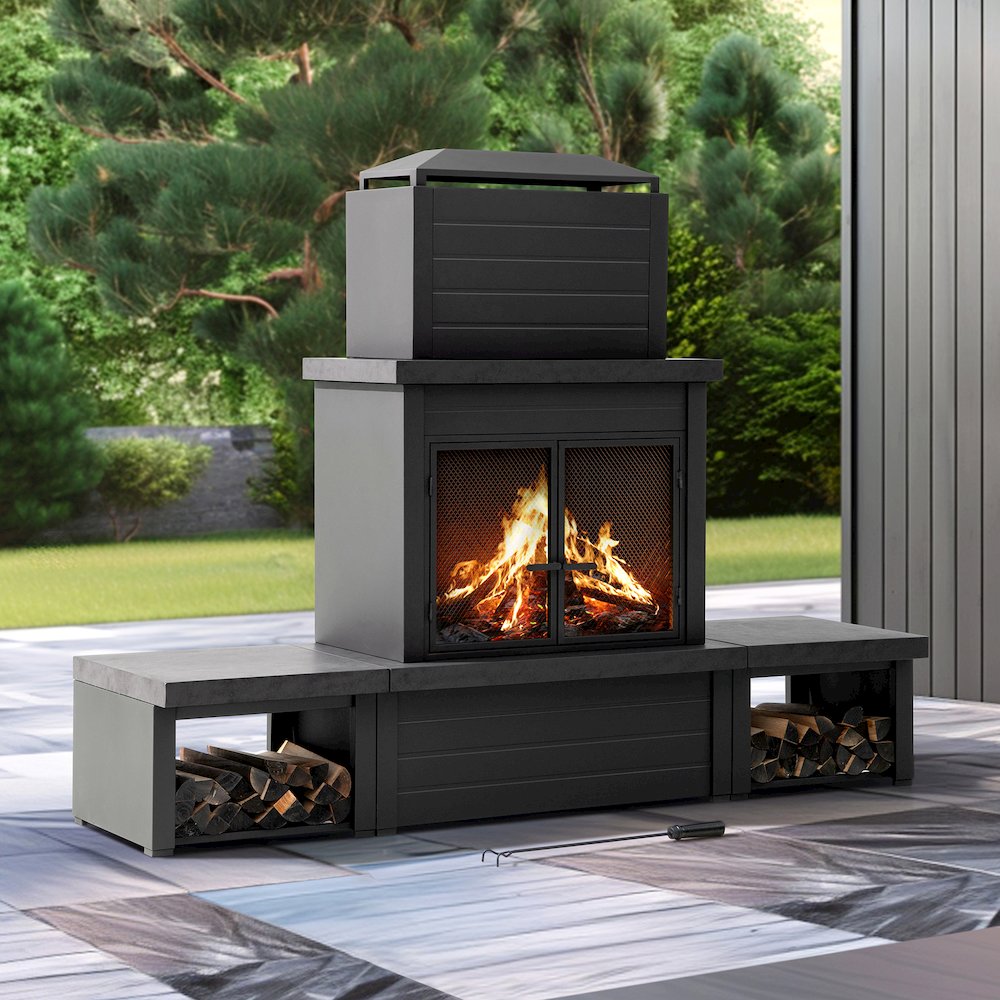 Wood Burning Fireplace-Matte Black Outdoor Steel Fireplace with Chimney. Picture 3