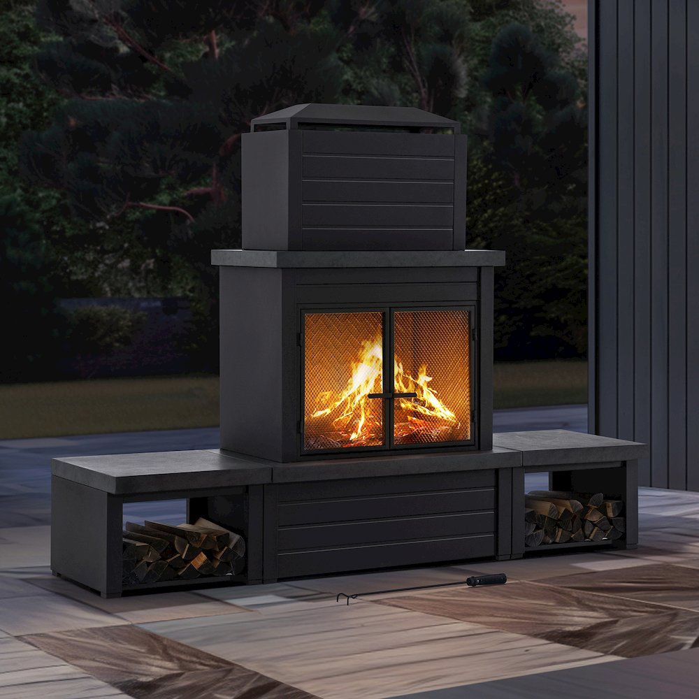 Wood Burning Fireplace-Matte Black Outdoor Steel Fireplace with Chimney. Picture 8