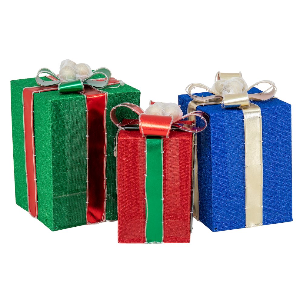 3-Piece Christmas Lighted Gift Box, 3D Tinsel Santa Gift Box Outdoor Garden. Picture 1