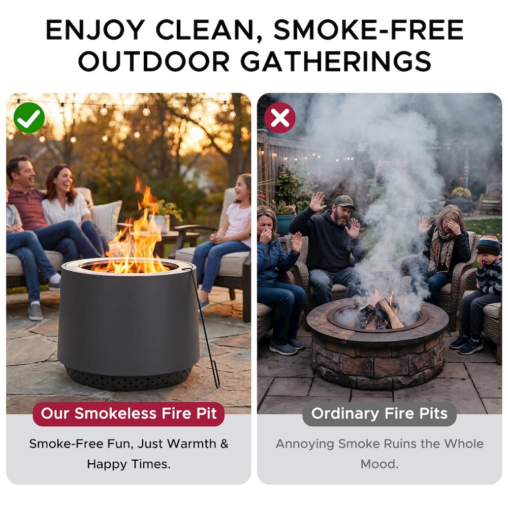 Stainless Steel Wood-Burning Smokeless Fire Pit with PVC Cover and Poker, Grey. Picture 6