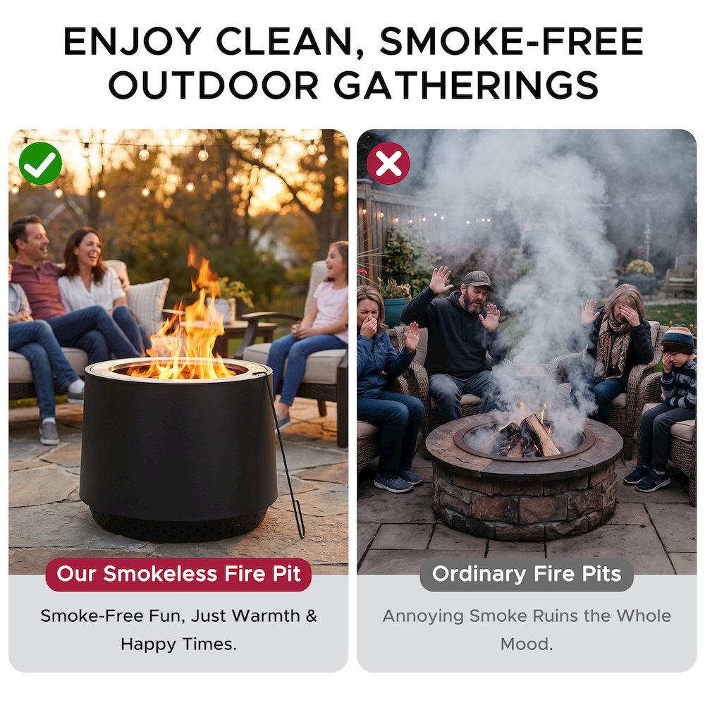 Stainless Steel Wood-Burning Smokeless Fire Pit with PVC Cover and Poker, Black. Picture 3