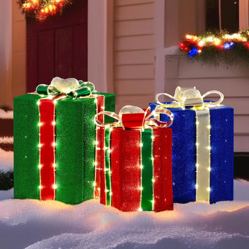 3-Piece Christmas Lighted Gift Box, 3D Tinsel Santa Gift Box Outdoor Garden. Picture 2