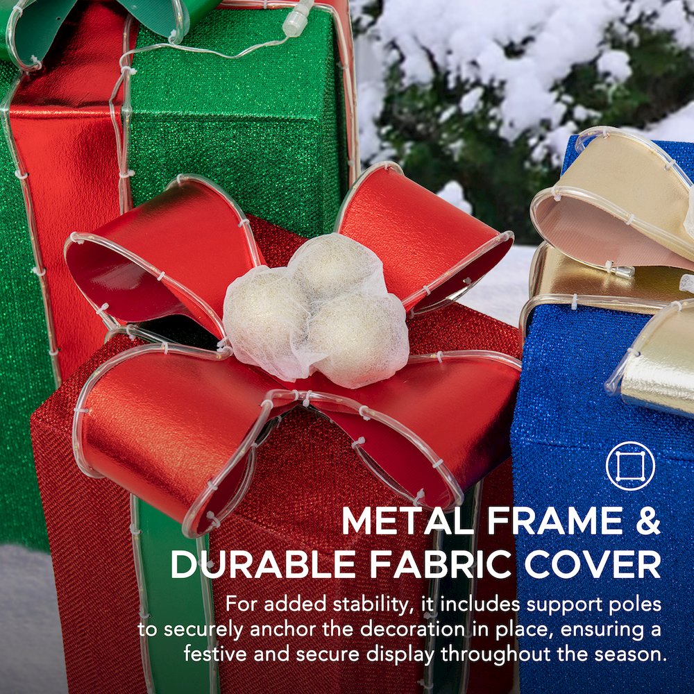 3-Piece Christmas Lighted Gift Box, 3D Tinsel Santa Gift Box Outdoor Garden. Picture 3