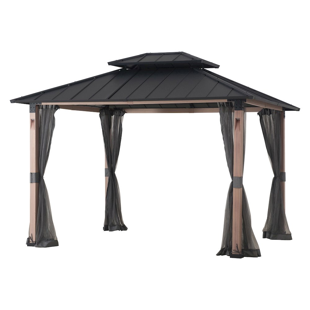 Sunjoy 10 ft. x 12 ft. Hardtop Gazebo with Netting & LED Lights. Picture 1