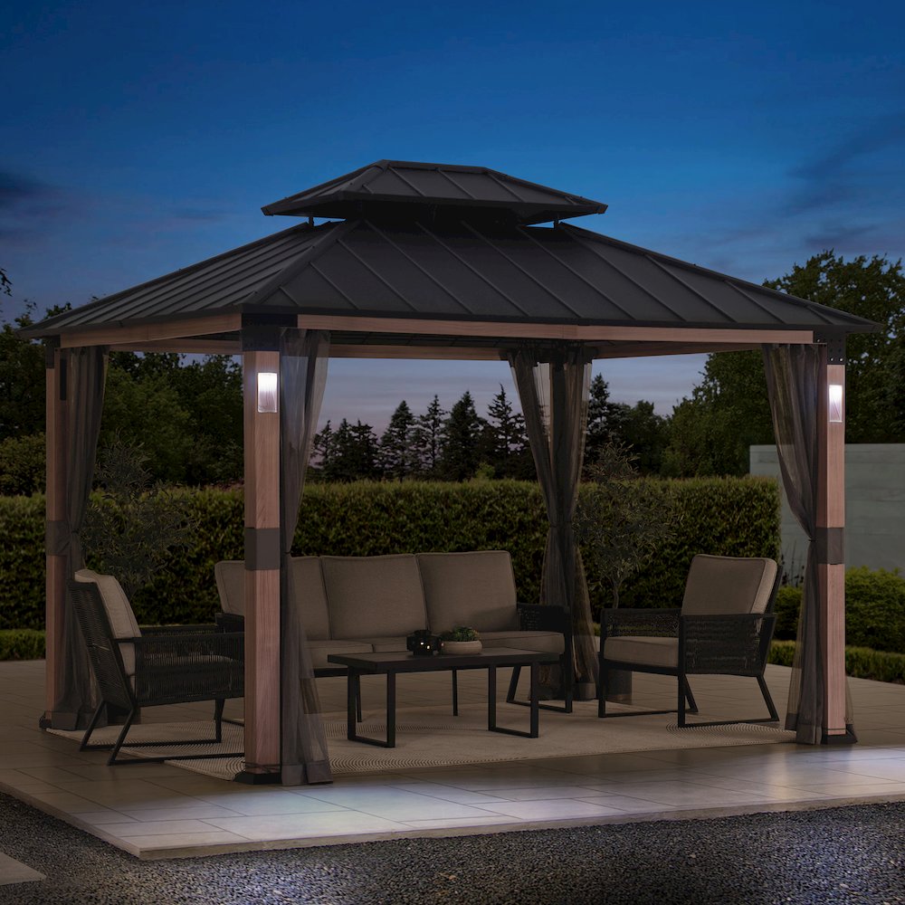 Sunjoy 10 ft. x 12 ft. Hardtop Gazebo with Netting & LED Lights. Picture 5