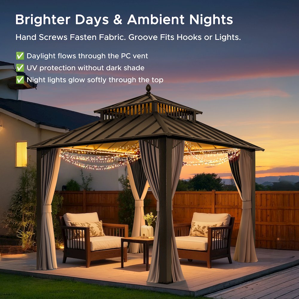 10 ft x 10 ft Hardtop Gazebo with Steel Roof, Brown Aluminum Frame. Picture 12