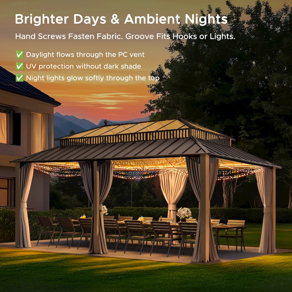 20 ft x 12 ft Aluminum Hardtop Gazebo with Polycarbonate Roof Hardtop, Woodgrain. Picture 9