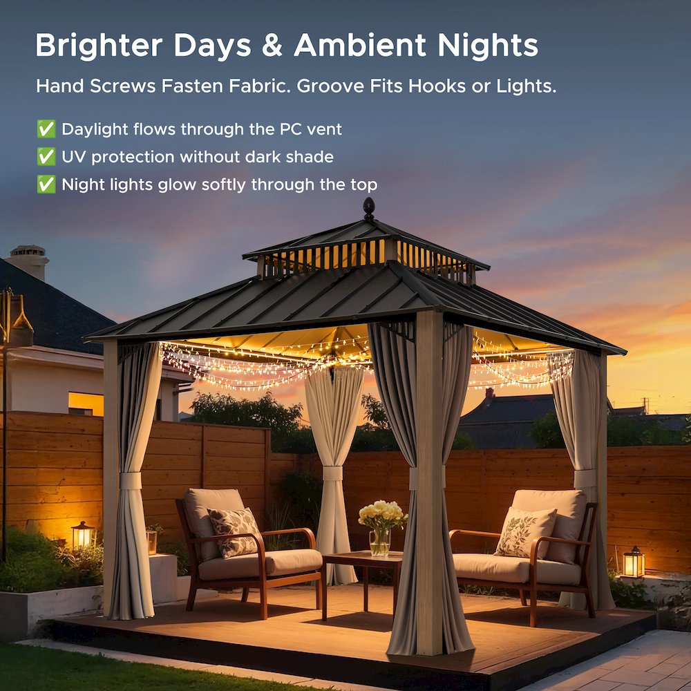 10 ft x 10 ft Hardtop Gazebo with Steel Roof, Woodgrain Aluminum Frame. Picture 5