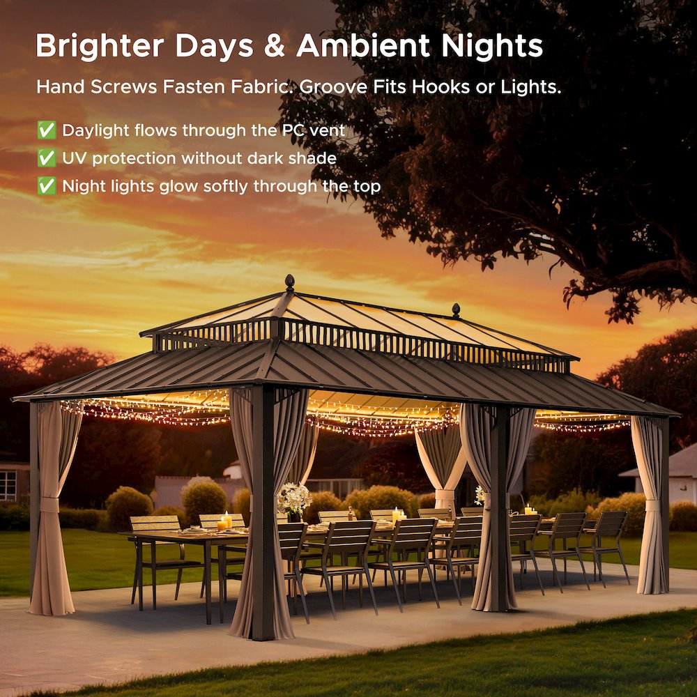 20 ft x 12 ft Hardtop Gazebo with Steel Roof, Brown Aluminum Frame. Picture 7