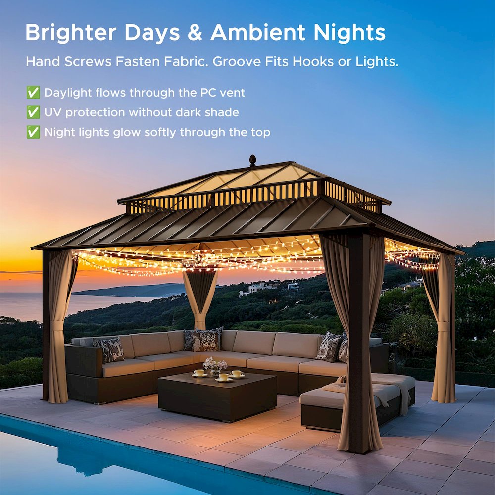 16 ft x 12 ft Hardtop Gazebo, Steel & Polycarbonate Roof, Brown Aluminum Posts. Picture 10
