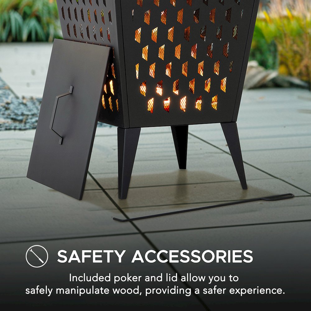 Powder-Coated Steel Wood-Burning Fire Pit with Mesh Lid and Poker, Black. Picture 8
