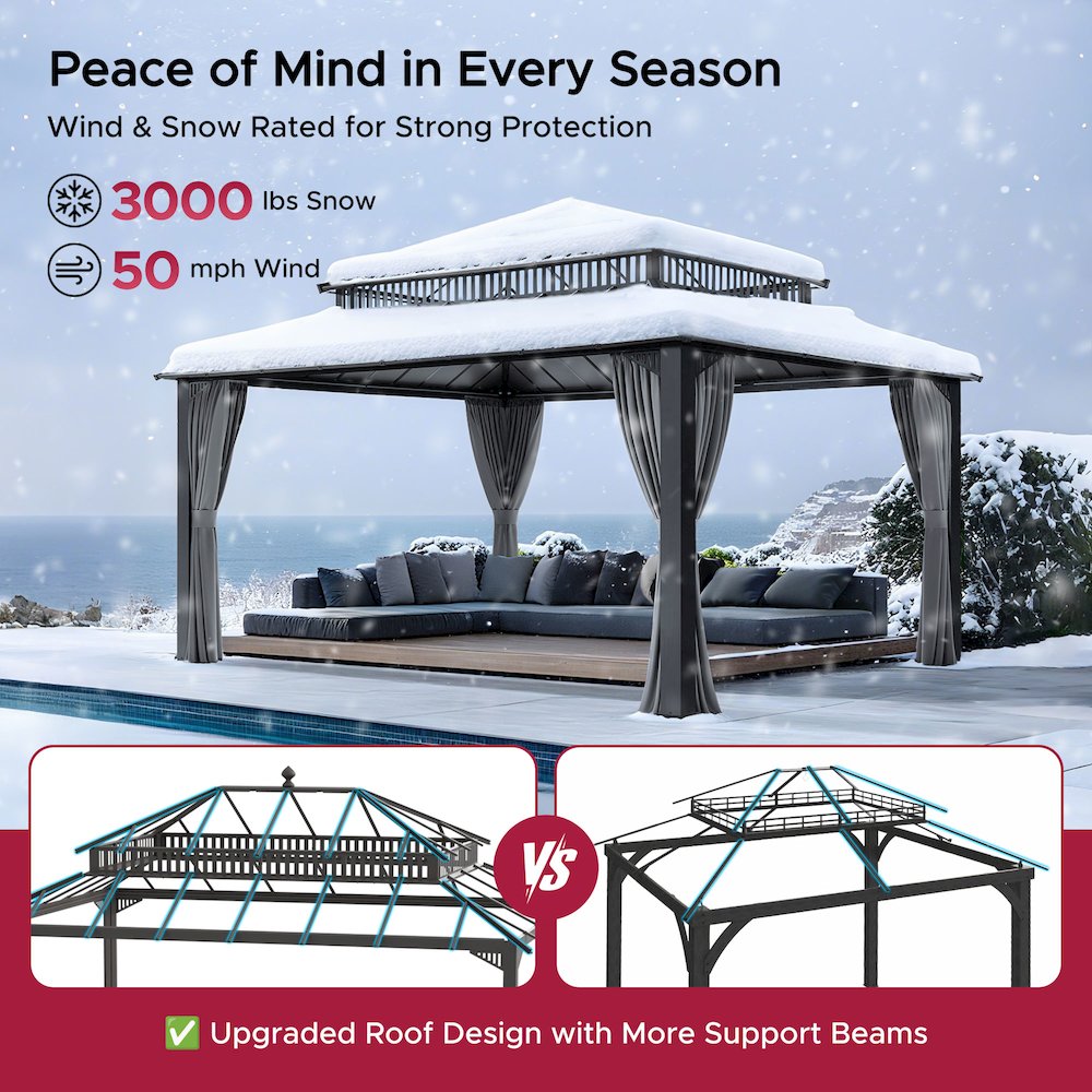 16 ft x 12 ft Hardtop Gazebo, Steel & PC Roof, Gray Woodgrain Aluminum. Picture 3