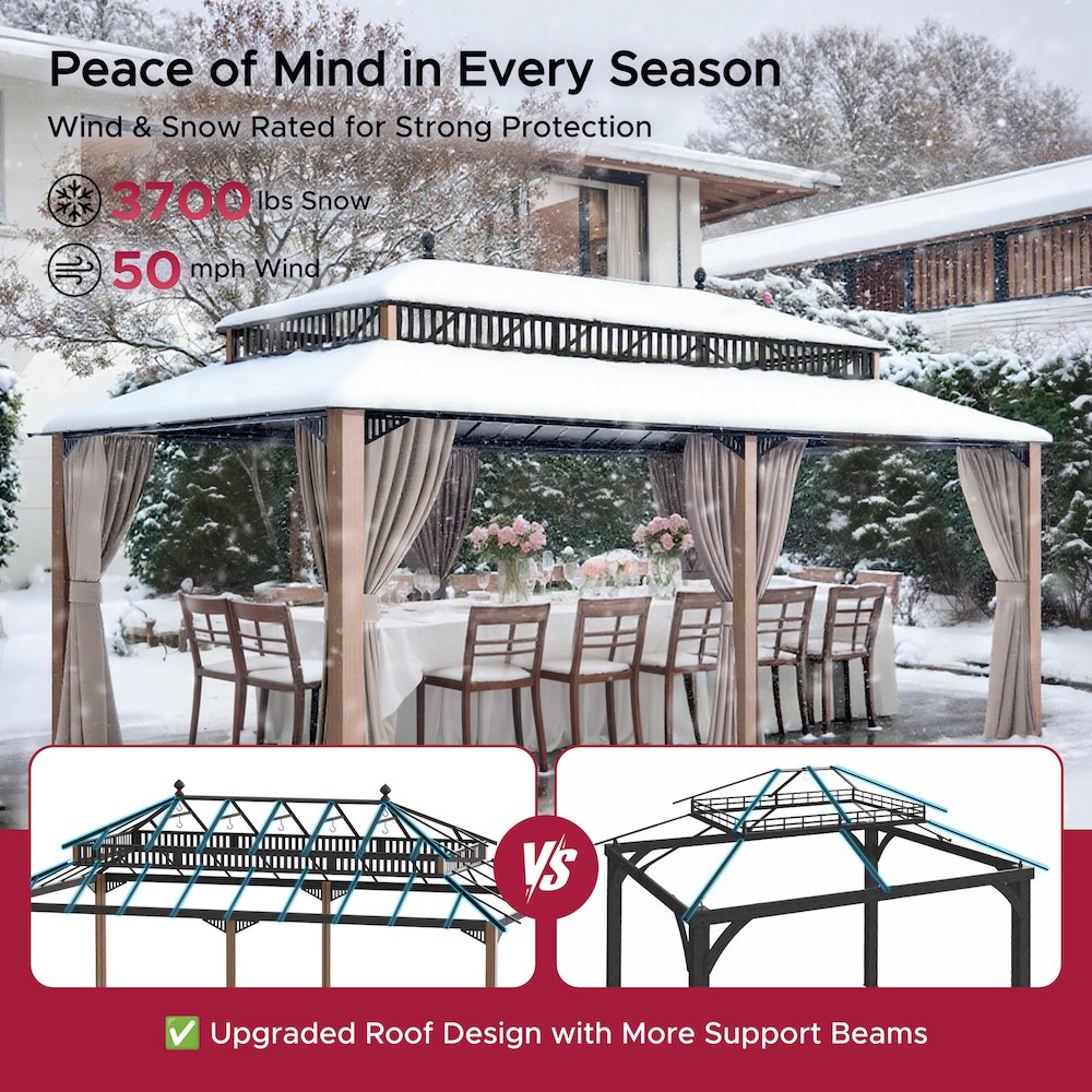 20 ft x 12 ft Aluminum Hardtop Gazebo with Polycarbonate Roof Hardtop, Woodgrain. Picture 11