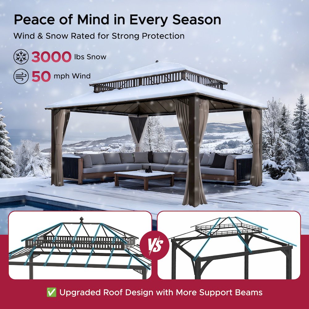 16 ft x 12 ft Hardtop Gazebo, Steel & Polycarbonate Roof, Brown Aluminum Posts. Picture 7