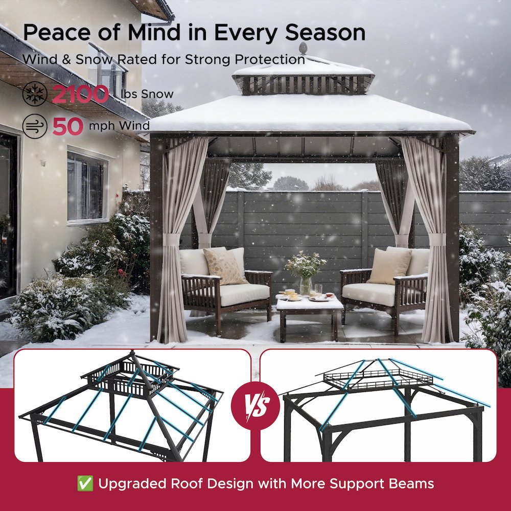 10 ft x 10 ft Hardtop Gazebo with Steel Roof, Brown Aluminum Frame. Picture 5