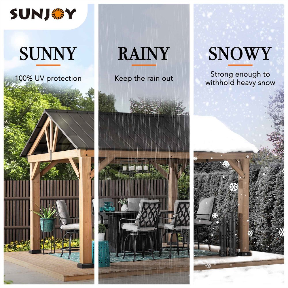 Sunjoy 11 ft. x 13 ft. Cedar Framed Gazebo with Matte-Black Steel Gable Hardtop Roof. Picture 8