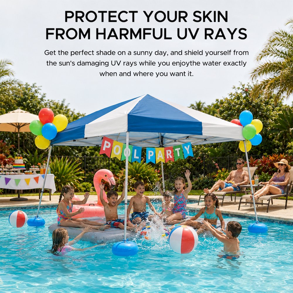 Grey and Navy Floating Pool Canopy Pop Up Gazebo & PVC Floats and Air Pump. Picture 9