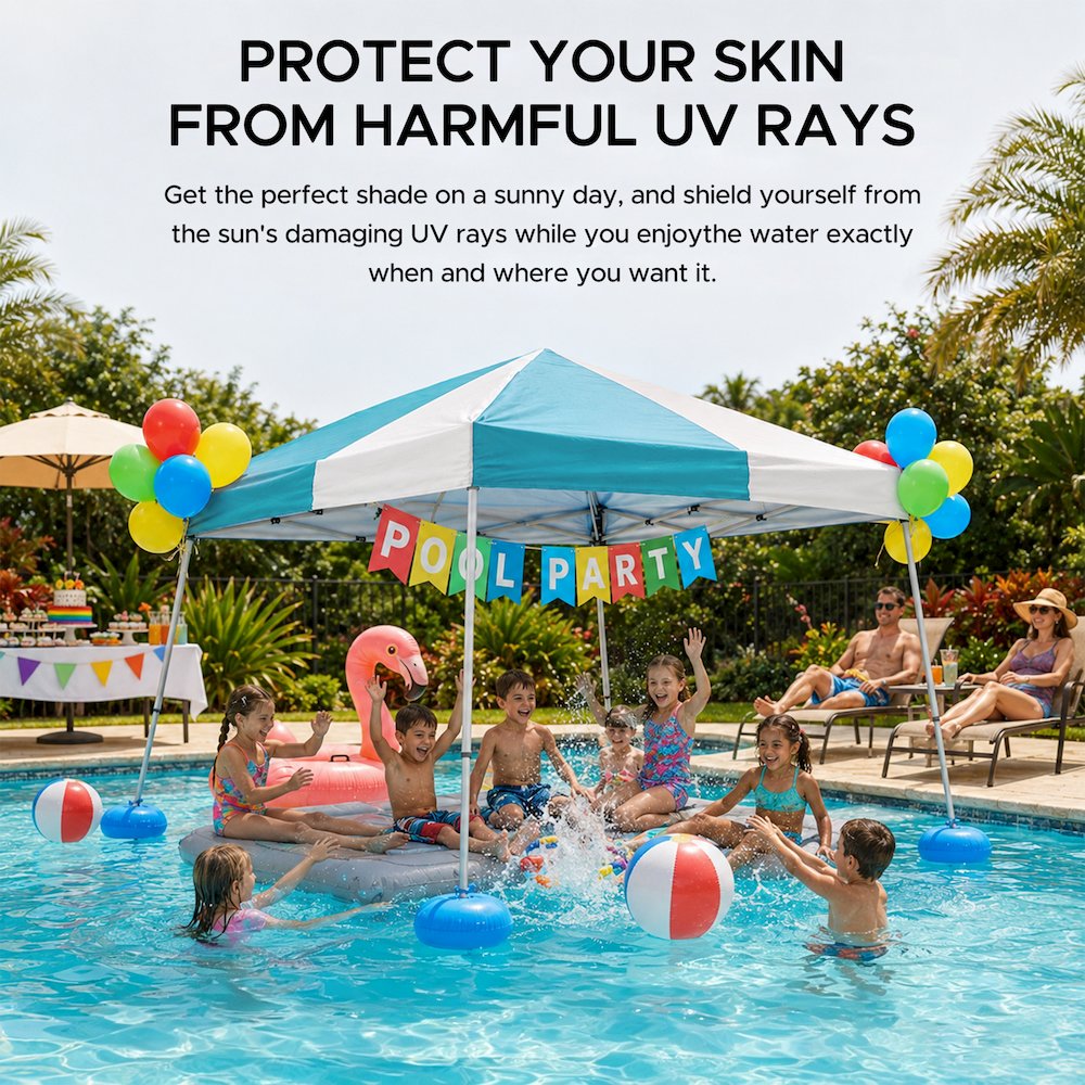 Grey and Light Blue Floating Pool Canopy Pop Up Gazebo & PVC Floats and Air Pump. Picture 9