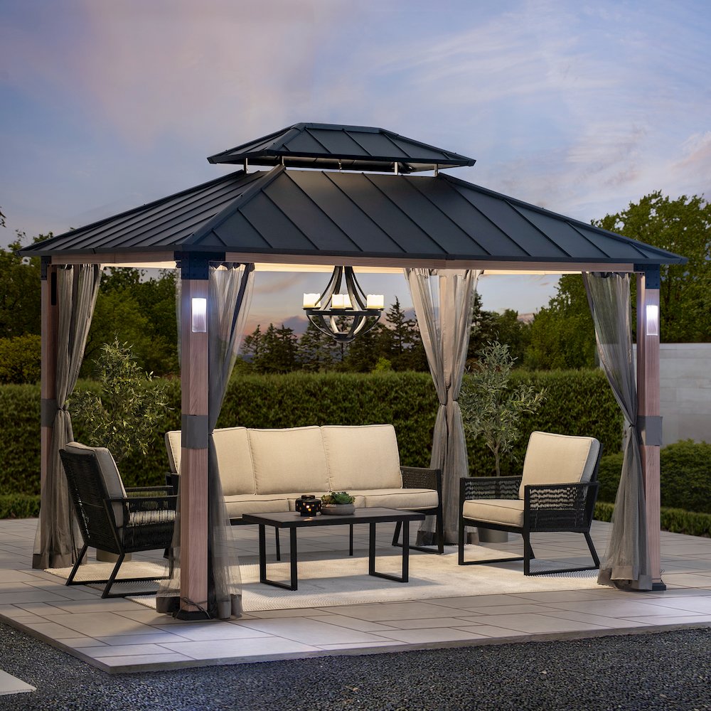 Sunjoy 10 ft. x 12 ft. Hardtop Gazebo with Netting & LED Lights. Picture 4