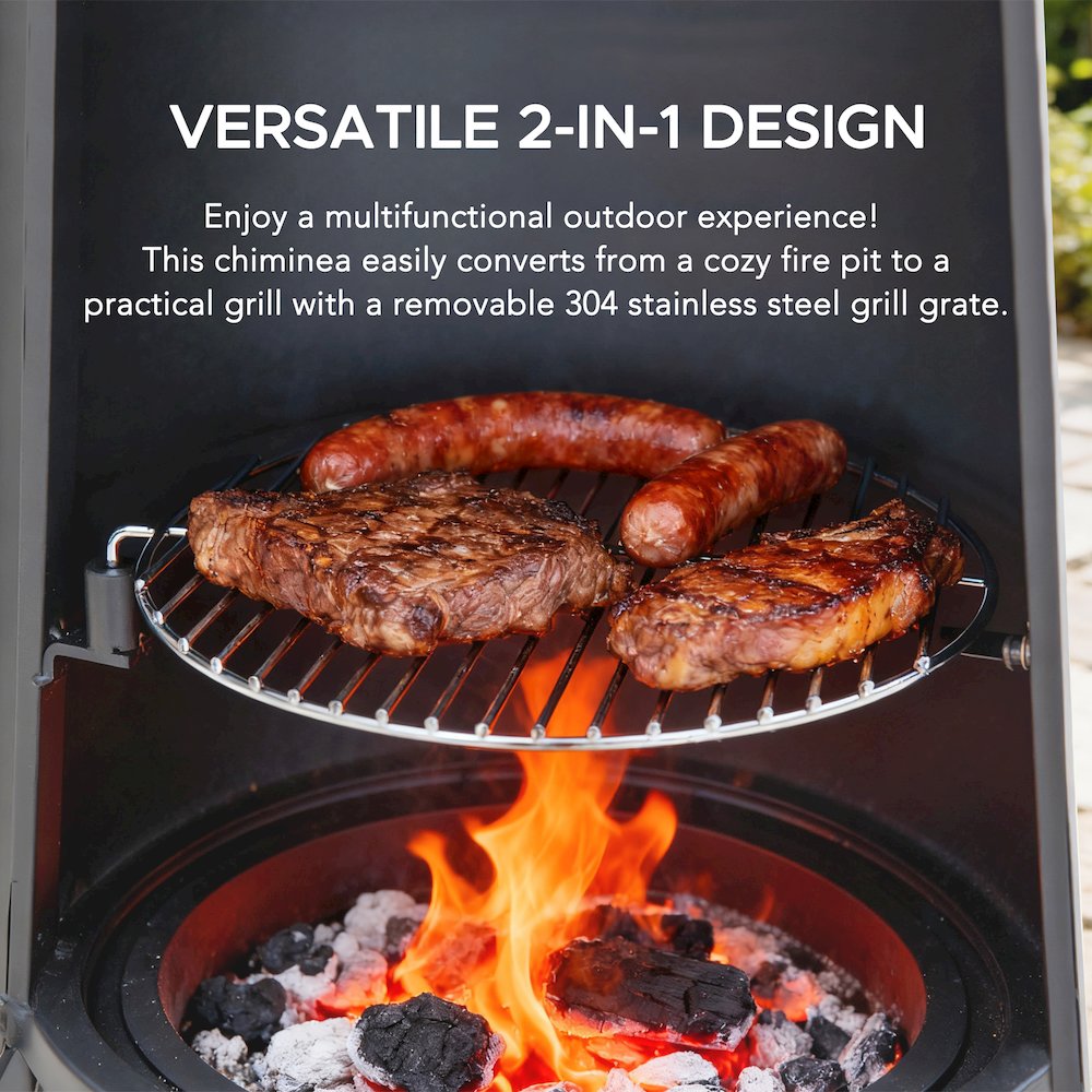 57 in. 2-in-1 Metal Outdoor Chiminea Fire Pit & Fireplace, Removable Grill Grate. Picture 4