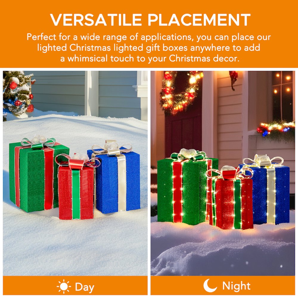 3-Piece Christmas Lighted Gift Box, 3D Tinsel Santa Gift Box Outdoor Garden. Picture 4