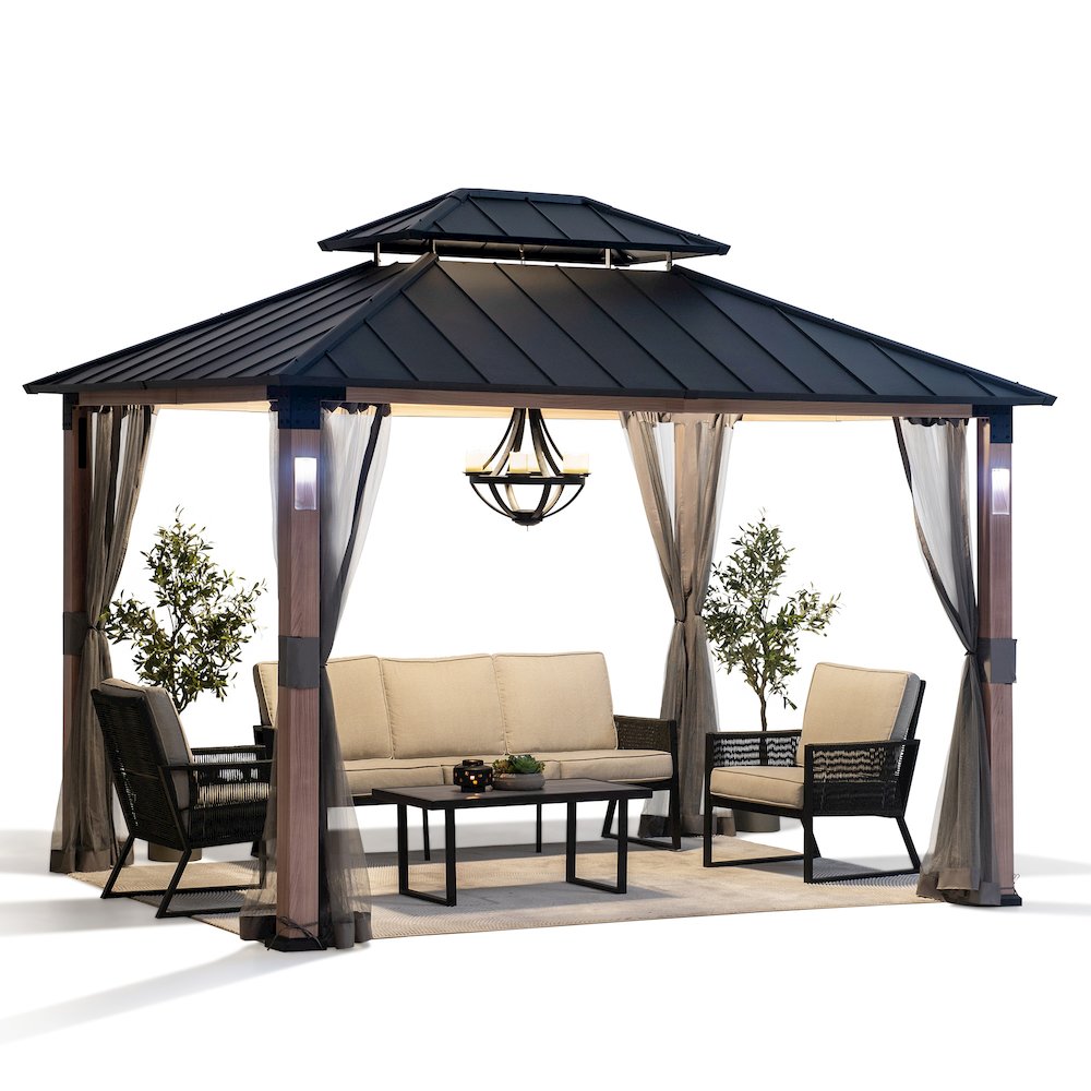 Sunjoy 10 ft. x 12 ft. Hardtop Gazebo with Netting & LED Lights. Picture 2