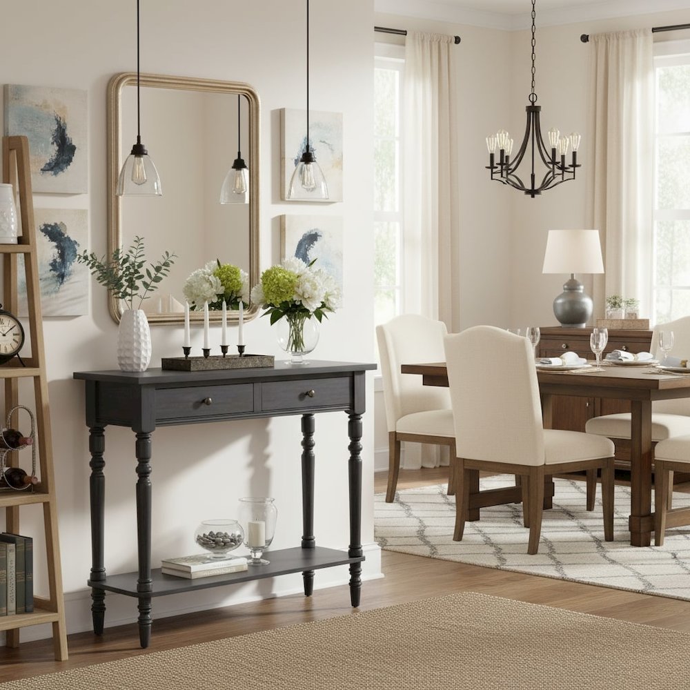 Gray Narrow Console Table – Entryway Table with 2 Drawers and Storage Shelf. Picture 2